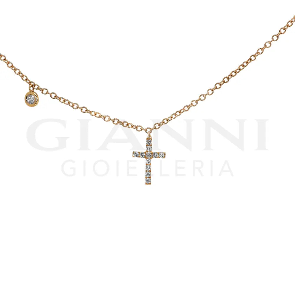 Girocollo Crivelli - Pendente Croce in Oro Rosa con Punto Luce e Diamanti - Collane