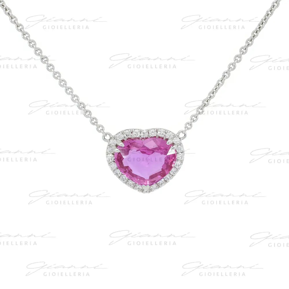 Girocollo Crivelli - Pendente Fantasia Cuore in Oro Bianco con Zaffiro Rosa e Diamanti Collane