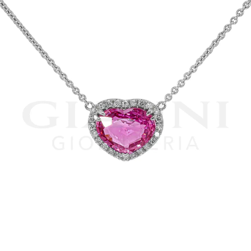 Girocollo Crivelli - Pendente Fantasia Cuore in Oro Bianco con Zaffiro Rosa e Diamanti - Collane