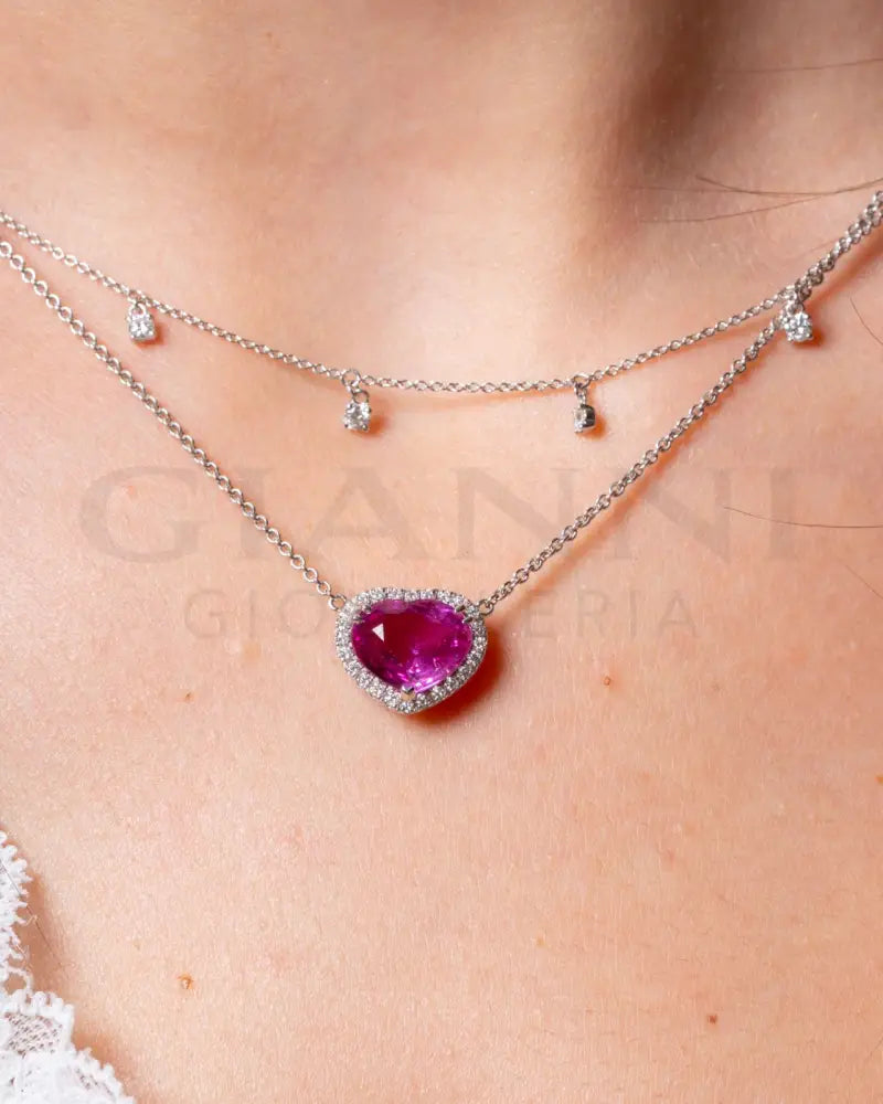 Girocollo Crivelli - Pendente Fantasia Cuore in Oro Bianco con Zaffiro Rosa e Diamanti - Collane