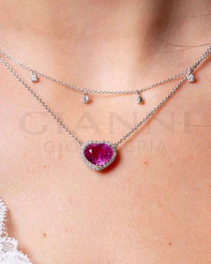 Girocollo Crivelli - Pendente Fantasia Cuore in Oro Bianco con Zaffiro Rosa e Diamanti - Collane
