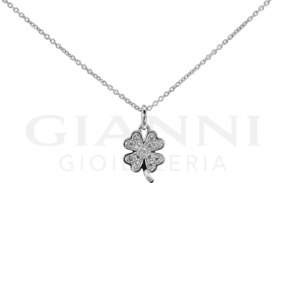Girocollo Crivelli - Pendente Fantasia Quadrifoglio con Pavé in Oro Bianco - Collane