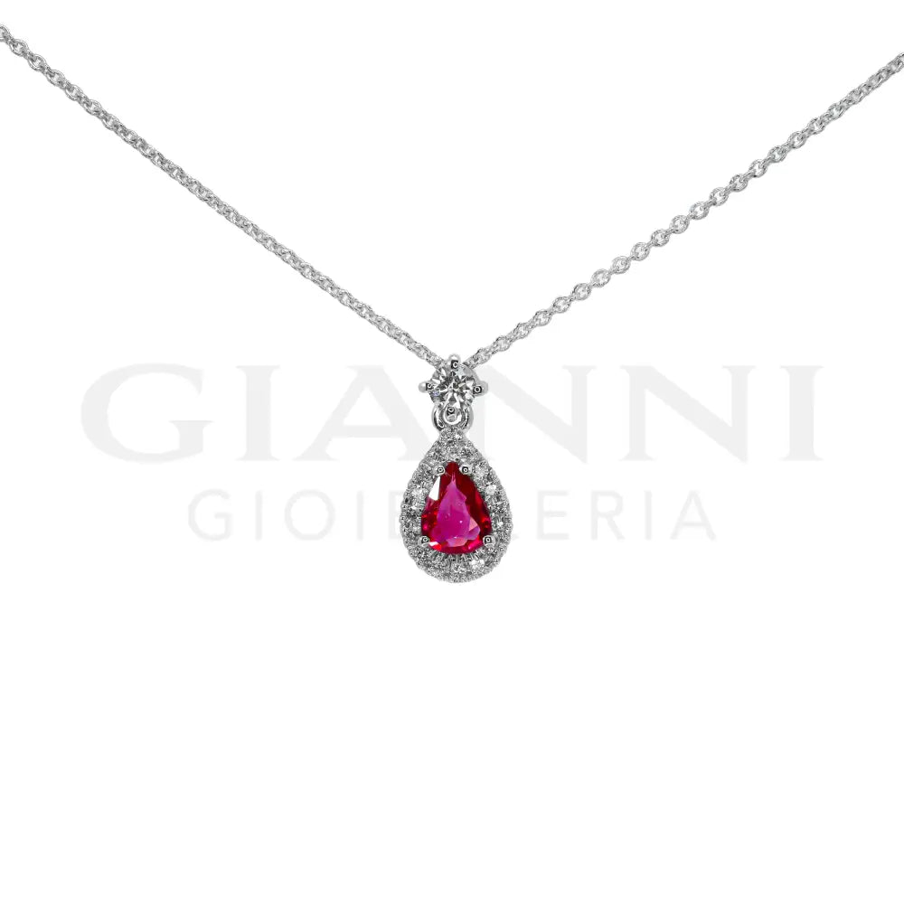 Girocollo Crivelli - Pendente in Oro Bianco con Rubino taglio Goccia e Diamanti - Collane