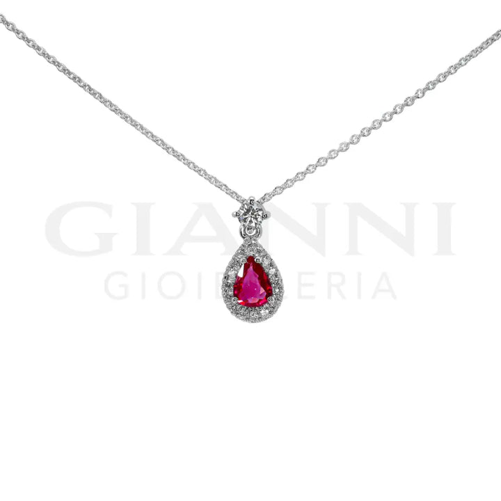 Girocollo Crivelli - Pendente in Oro Bianco con Rubino taglio Goccia e Diamanti - Collane