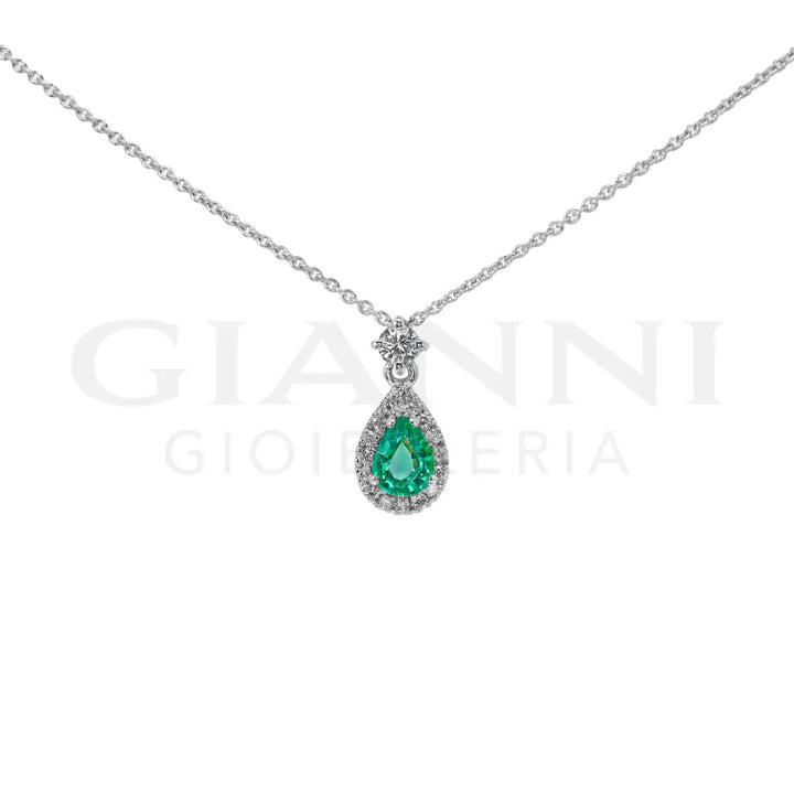 Girocollo Crivelli - Pendente in Oro Bianco con Smeraldo taglio Goccia e Diamanti - Collane