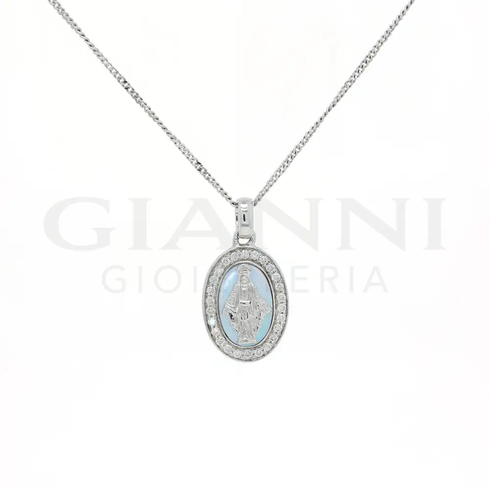 Girocollo Crivelli Pendente Madonnina in Oro Bianco con Madreperla e Diamanti Collane