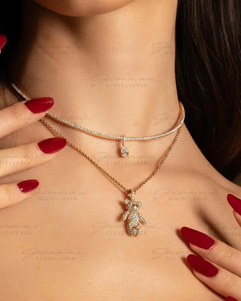Girocollo Crivelli - Pendente Orsetto in Oro Rosa in Pavè di Diamanti Collane