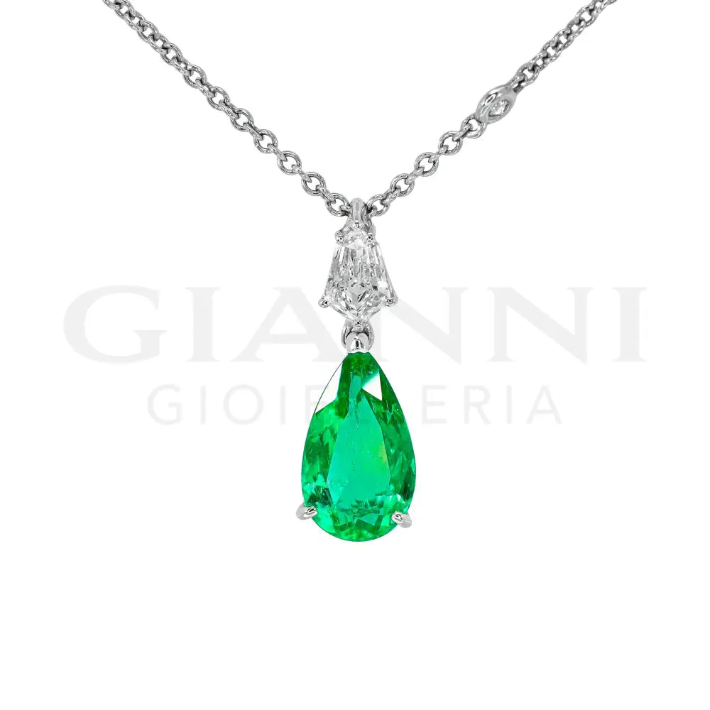 Girocollo Crivelli - Smeraldo taglio Goccia in Oro Bianco con Diamante Fantasia Collane