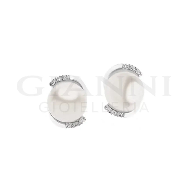 Orecchini Comete - Perle Coltivate di 7,5/8 mm con Oro Bianco e Diamanti - Orecchini
