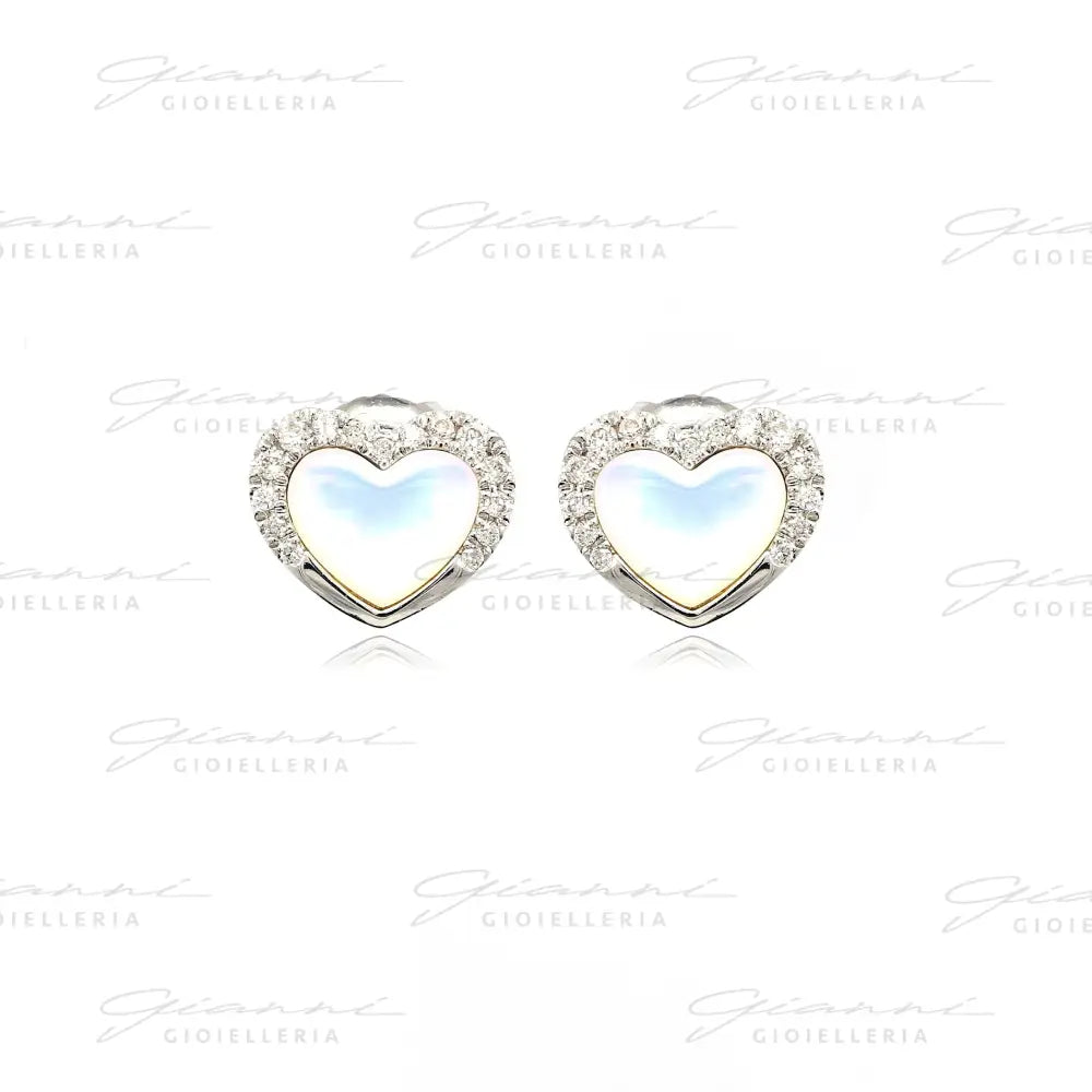 Orecchini Crivelli - Cuori in Oro Bianco con Madreperla contornati di Diamanti Orecchini