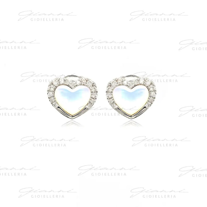 Orecchini Crivelli - Cuori in Oro Bianco con Madreperla contornati di Diamanti Orecchini
