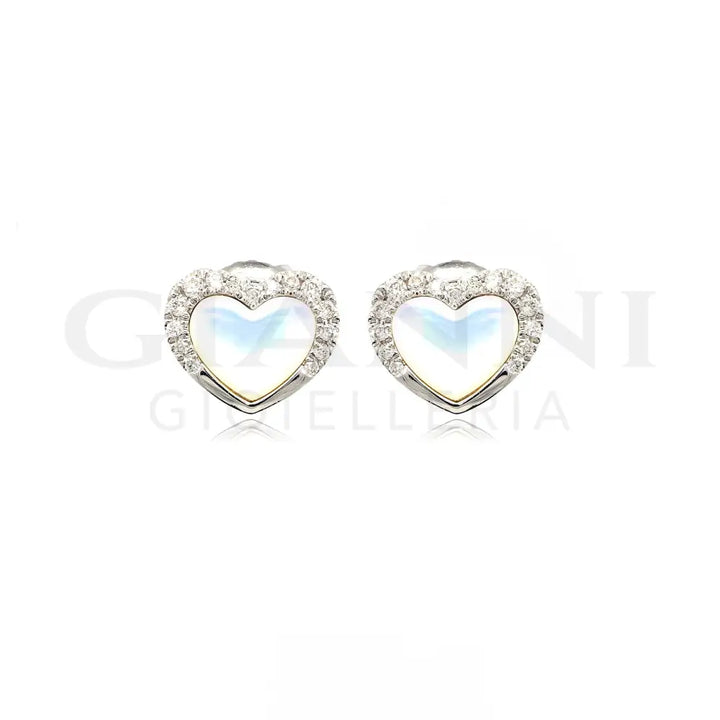 Orecchini Crivelli - Cuori in Oro Bianco con Madreperla contornati di Diamanti Orecchini