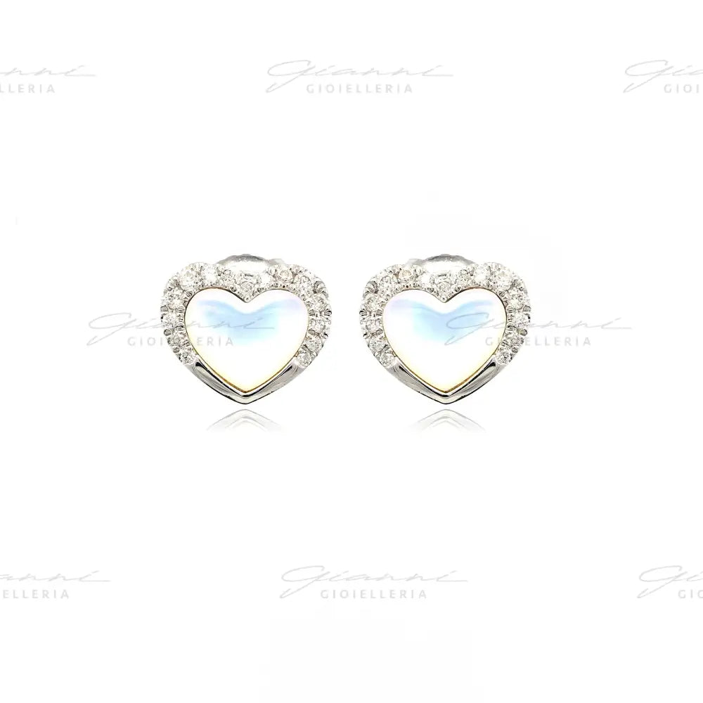 Orecchini Crivelli - Cuori in Oro Bianco con Madreperla contornati di Diamanti Orecchini