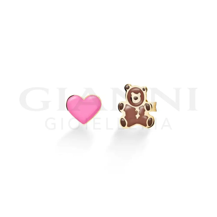 Orecchini leBebé - Toys con cuore e orsetto in oro giallo - Orecchini