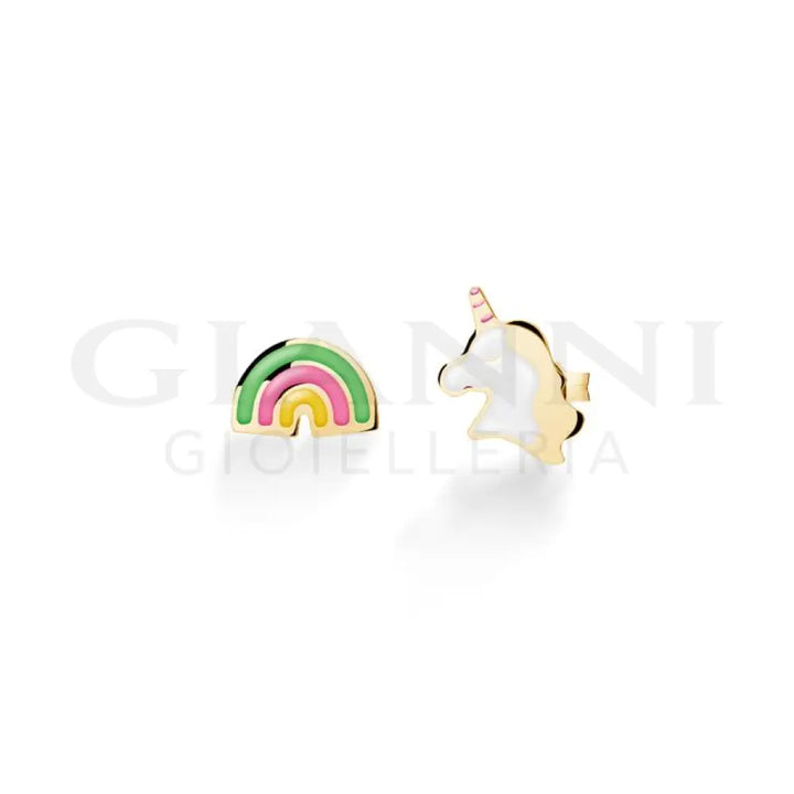 Orecchini leBebé - Toys con unicorno e arcobaleno in oro giallo - Orecchini