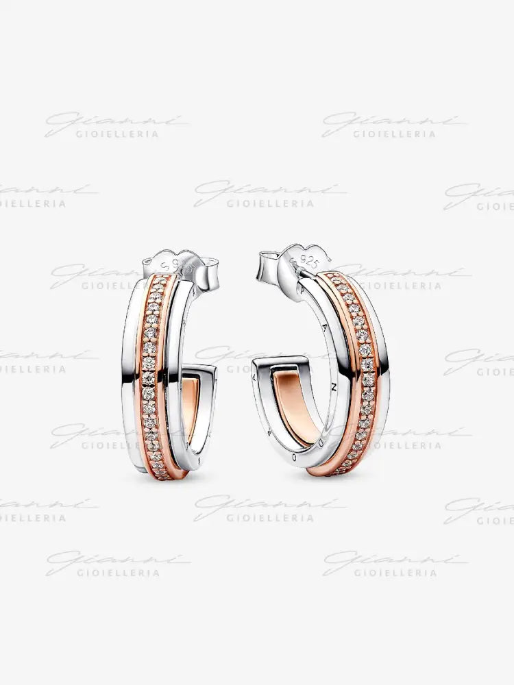 Orecchini Pandora - Cerchio Aperto Bicolore Logo e Pavè Orecchini