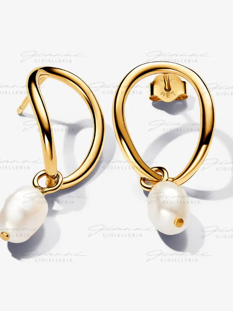 Orecchini Pandora - Linea Sinuosa Circolare con Perla d’Acqua Dolce Coltivata Pendente Orecchini